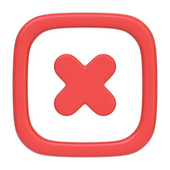 Obraz premium Red rounded square button featuring a bold cross isolated on a white background, commonly associated with error messages or the option to close a window. Icon, sign and symbol. Front view. 3D Render