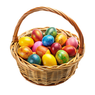 Wicker basket full of colorful Easter eggs isolated on transparent background.