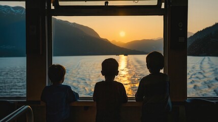 silhouette of three little boys looking out a ferry boat window at the ocean and mountains
