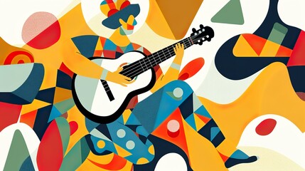 person playing an ukulele, in the style of surrealism mixed with suprematism, flat vector line art style. - obrazy, fototapety, plakaty