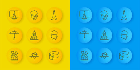 Set line Windmill, Umbrella for beach, Museum building, Cheese, Cook, Eiffel tower, and French mime icon. Vector