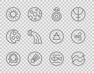 Set line Libra zodiac, Planet, Symbol Uranus, Comet, Sun, Aquarius, Pisces and Windy weather icon. Vector