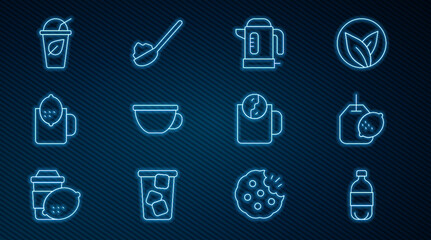 Set line Bottle of water, Tea bag with lemon, Electric kettle, Cup tea, leaf, time and Spoon sugar icon. Vector