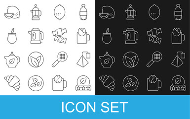 Set line Tea leaf, bag, Cup of tea with rose, Lemon, Electric kettle, Mate, and Candy icon. Vector