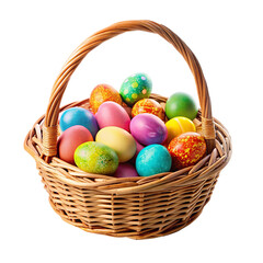 Fototapeta na wymiar Wicker basket full of colorful Easter eggs isolated on transparent background.