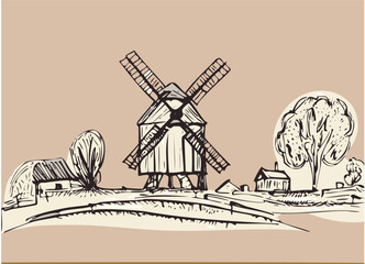 Countryside landscape with wooden mill. Fast pencil hand sketch on a beige background.