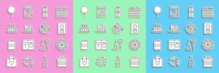 Set line Gift box, Pizza, Greeting card, Cake, with burning candles, Balloon ribbon and Classic dart board arrow icon. Vector