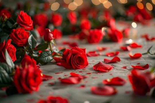 Weeding valentine day love scenario background decorated with red roses, Generative AI