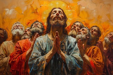 Painting of Jesus together with the disciples and the crowd in prayer to the Father, Generative AI