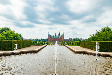 View of Frederiksborg castle with park in Hillerod, Denmark