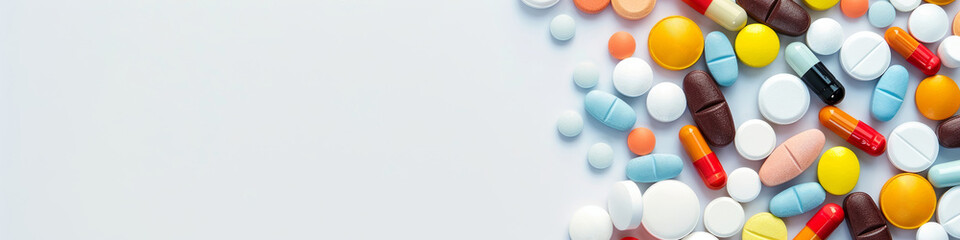 Close-up of colorful medicine pills on white background. Contraception, fish oil, omega, food supplement, multivitamins, medications. Medicine concept. Assorted pharmaceutical medicine capsule
