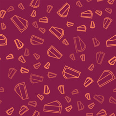 Brown line Cherry cheesecake slice with fruit topping icon isolated seamless pattern on red background. Vector