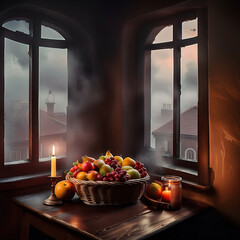 still life with fruits in the window