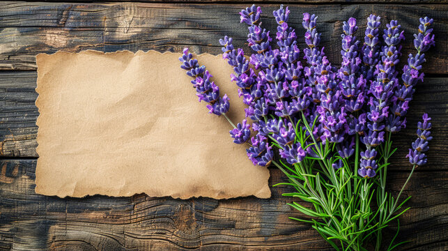 Bouquet of cut fresh branches of purple lavender (Lavandula angustifolia). Flowers, grass with empty craft brown paper label on background of old cracked wooden table. Top view. Copy space. Mock-up.