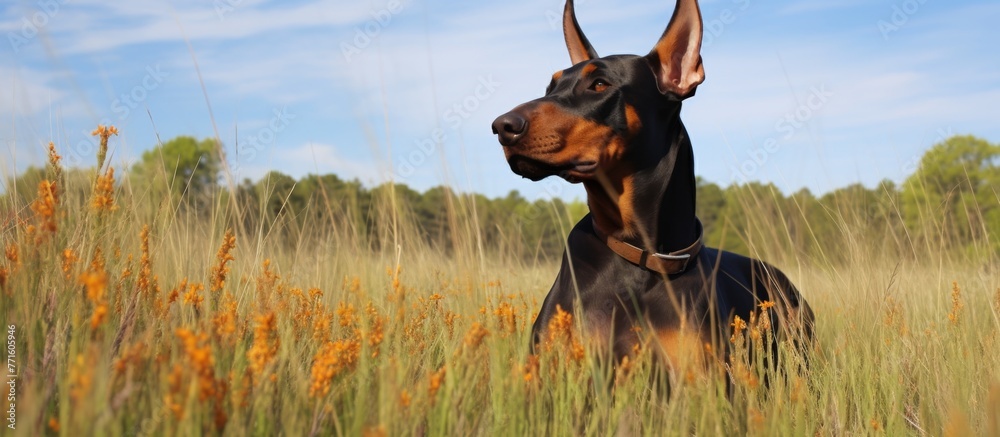 Canvas Prints A majestic Doberman lounges in a grassy field under the open sky, blending into the tall grass as a skilled carnivore of the dog breed