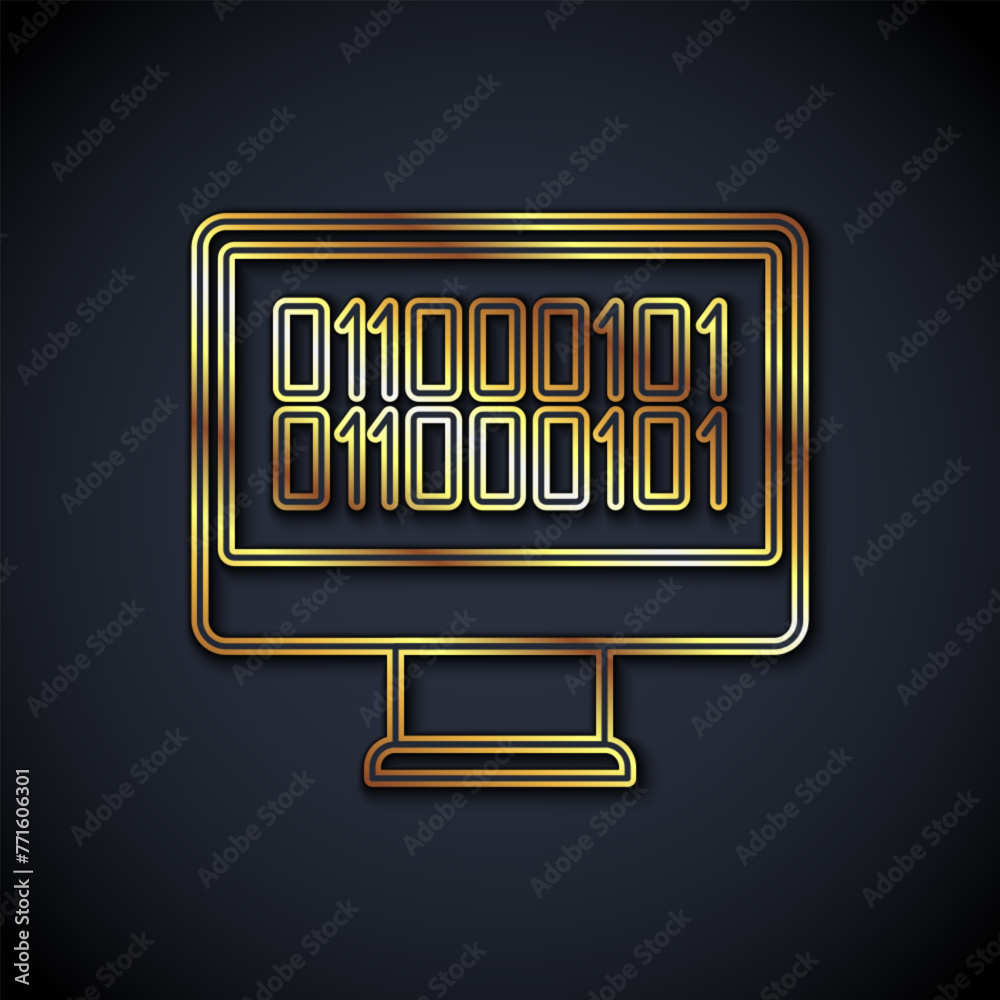 Poster gold line binary code icon isolated on black background. vector