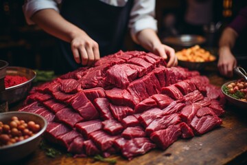 A factory specializing in processing meat.The complex machinery and skilled workers involved in the process.Capture the precision and attention to detail required to ensure high quality meat products - obrazy, fototapety, plakaty