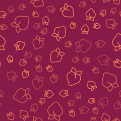 Brown line Peach fruit or nectarine with leaf icon isolated seamless pattern on red background. Vector