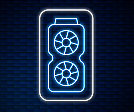 Glowing neon line Video graphic card icon isolated on brick wall background. Vector