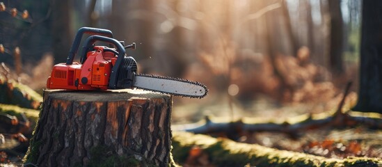 Chainsaw on wooden stump or firewood at forest background - obrazy, fototapety, plakaty