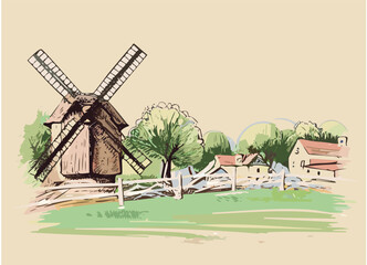 Countryside landscape with wooden mill. Fast pencil hand sketch on a beige background.
