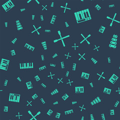 Set Drum sticks, Music synthesizer, and Xylophone on seamless pattern. Vector