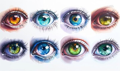 Collection of eyes with different colors on a white background, Generative AI