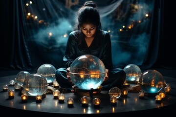 A psychic medium communing with spirits through mystical artifacts and a crystal ball, seeking guidance for the future. - obrazy, fototapety, plakaty