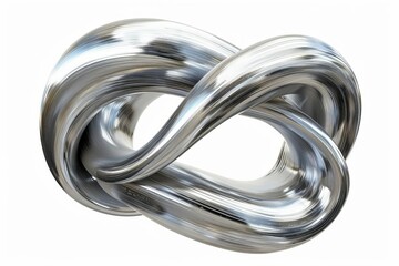 Abstract metallic silver brushstroke twisted into organic 3D shape, isolated on white