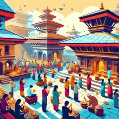  Nepali Temple Courtyard With Lots Of Devotees
