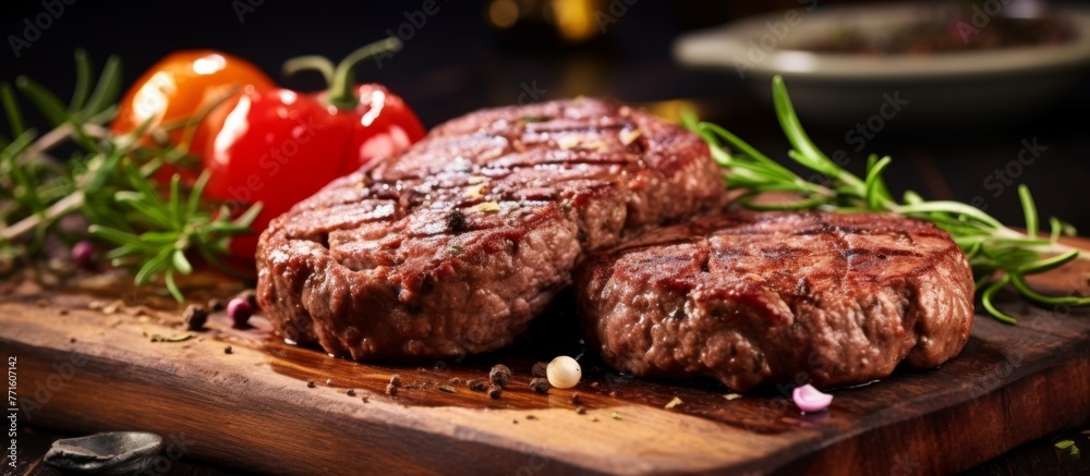 Wall mural a wooden cutting board displaying a delicious dish of steak and vegetables, showcasing the ingredien