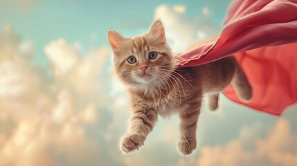 Tiny feline, mighty heart: Red-caped kitty hero flying in a pastel-colored sky, spreading joy