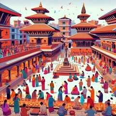  Nepali Temple Courtyard With Lots Of Devotees
 - obrazy, fototapety, plakaty