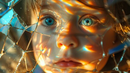 The fragmented reflection of a infant girl in colorful broken glass, representing the shattered innocence and the complexity of healing - obrazy, fototapety, plakaty