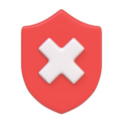 Red shield with a cross, representing a concept of error, denial, or health care symbol isolated on white background. 3D icon, sign and symbol. Front view. 3D Render Illustration