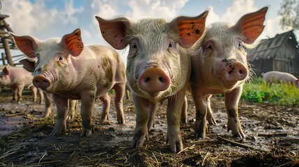 Majestic pigs in the foreground, a bustling farmyard scene unfolding in the backdrop