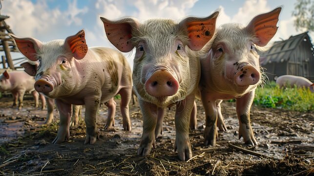 Majestic pigs in the foreground, a bustling farmyard scene unfolding in the backdrop