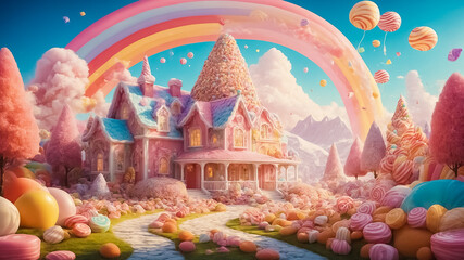 Sugar-Coated Dreams. Enchanting Candyland Wonderland with Lollipops, Gumdrops, palace and Candy Canes. Indulge in the Magic of Candyland - Where Every Sweet Craving Comes to Life
