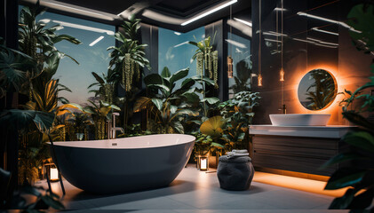Przytulna nowoczesna łazienka z sufitem z oświetleniem 