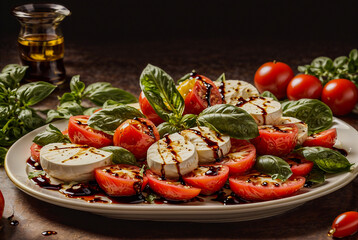 Caprese Salad. Slices of ripe tomatoes, fresh mozzarella, and basil leaves, drizzled with extra virgin olive oil and balsamic reduction. Christmas food. Festive dish
