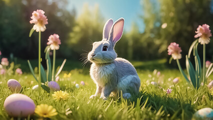 Cute Easter Bunny in a sunny meadow, peaceful countryside ambiance with colorful eggs and charming bunny. Happy easter