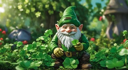 Gnome tending to a garden of oversized shamrocks, creating a festive and green landscape. Cute...