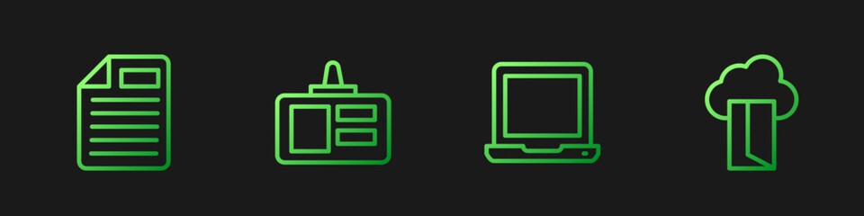 Set line Laptop, File document, Identification badge and Cloud database. Gradient color icons. Vector