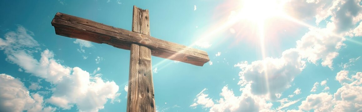 "Easter Day: Wooden Cross under Heavenly Sky"