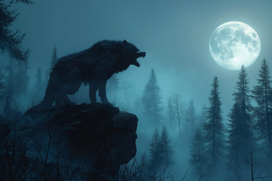 werewolf lycanthrope howls at full moon on top of mountain in forest in mist at night