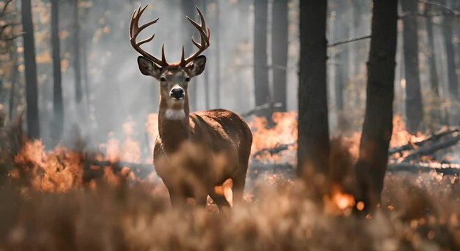 Deer in a forest fire.