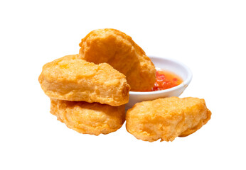 Front view of chicken nugget with chili sauce isolated with clipping path in png file format