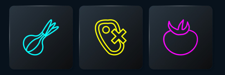 Fototapeta premium Set line Onion, Tomato and No meat. Black square button. Vector