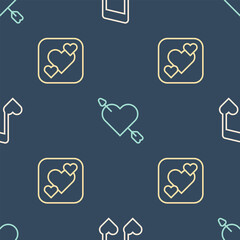 Set line Music note, tone with hearts, Heart and Amour and arrow on seamless pattern. Vector