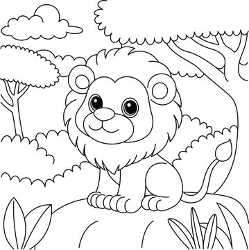 Cute kawaii lion cartoon character in the forest background coloring page vector illustration